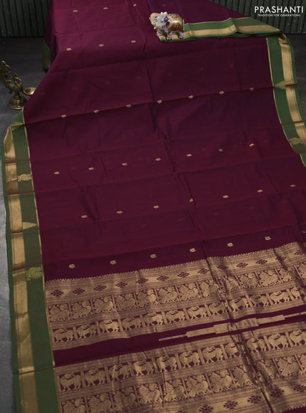 Kanchi cotton saree deep maroon and light green with zari woven buttas and temple design zari woven border