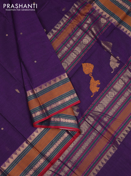 Kanchi cotton saree purple and maroon with zari woven buttas and temple design zari woven border