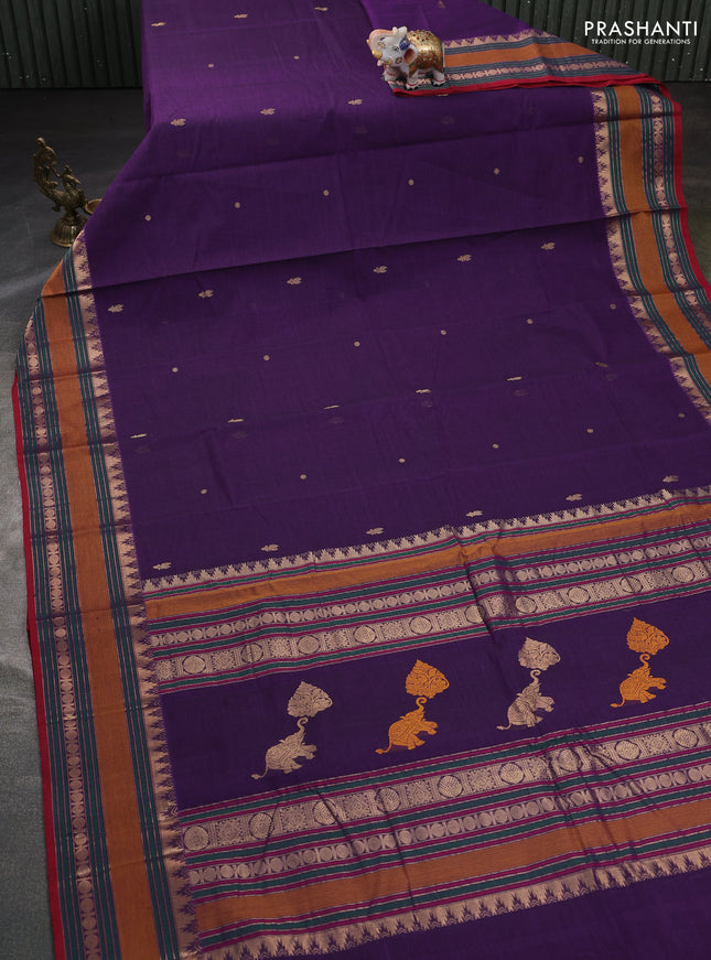 Kanchi cotton saree purple and maroon with zari woven buttas and temple design zari woven border