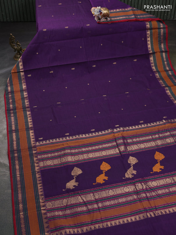 Kanchi cotton saree purple and maroon with zari woven buttas and temple design zari woven border