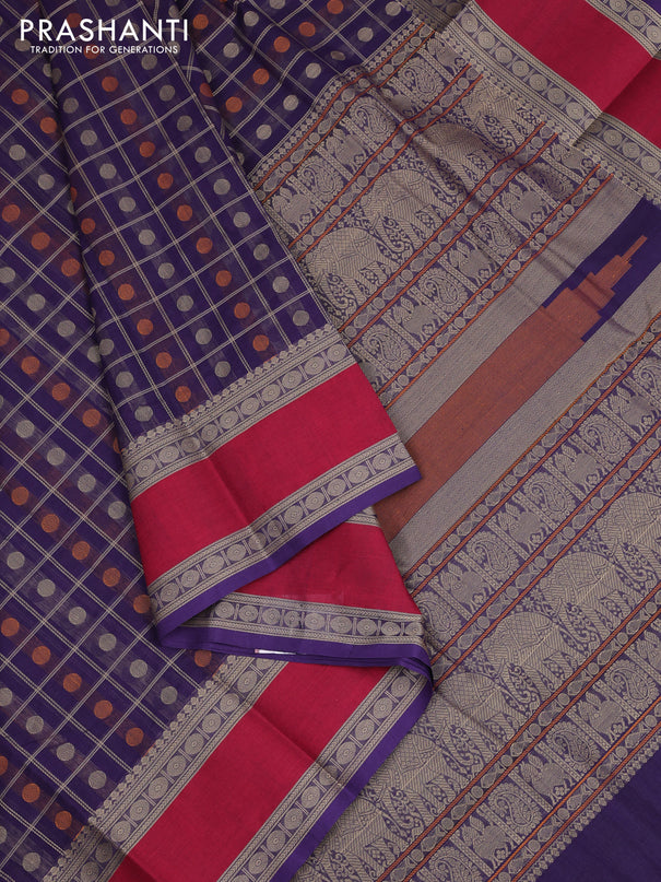Kanchi cotton saree violet and red with allover thread checks & buttas and rettapet thread woven border