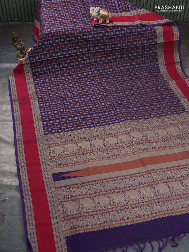 Kanchi cotton saree violet and red with allover thread checks & buttas and rettapet thread woven border