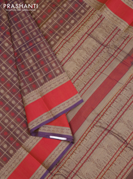 Kanchi cotton saree dual shade of brownish violet and dual shade of red with allover thread checks & buttas and rettapet thread woven border