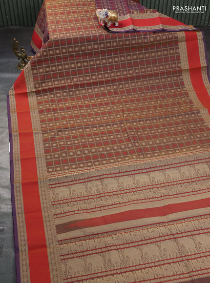 Kanchi cotton saree dual shade of brownish violet and dual shade of red with allover thread checks & buttas and rettapet thread woven border