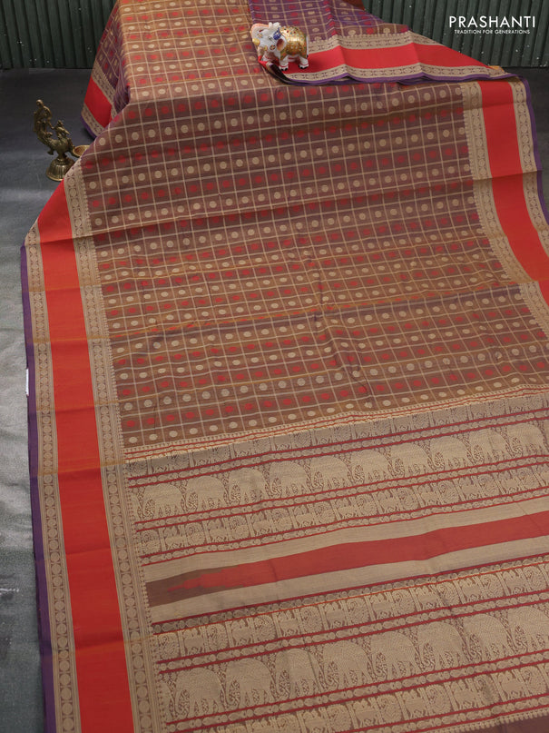 Kanchi cotton saree dual shade of brownish violet and dual shade of red with allover thread checks & buttas and rettapet thread woven border