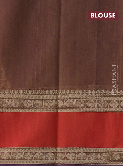 Kanchi cotton saree dual shade of brownish violet and dual shade of red with allover thread checks & buttas and rettapet thread woven border