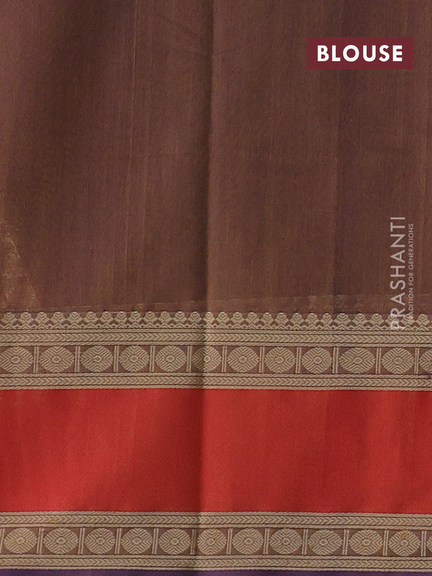Kanchi cotton saree dual shade of brownish violet and dual shade of red with allover thread checks & buttas and rettapet thread woven border