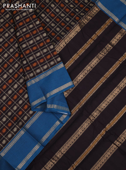 Kanchi cotton saree coffee brown and cs blue with allover thread checks & buttas and rettapet zari woven border