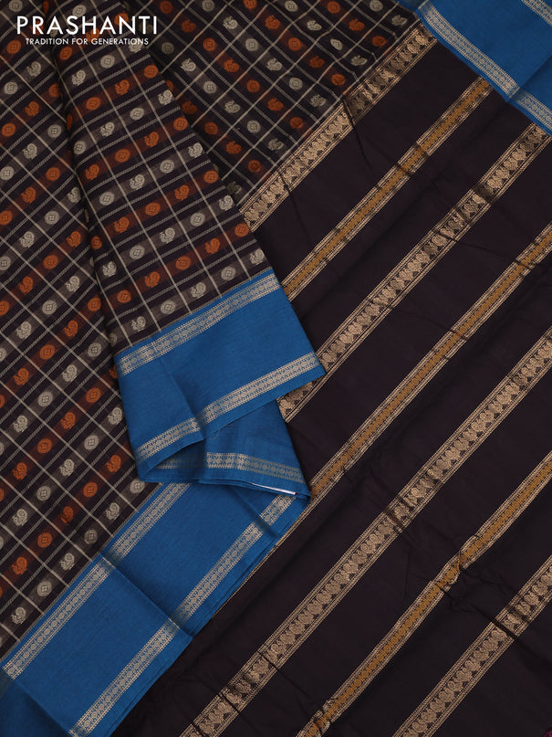 Kanchi cotton saree coffee brown and cs blue with allover thread checks & buttas and rettapet zari woven border