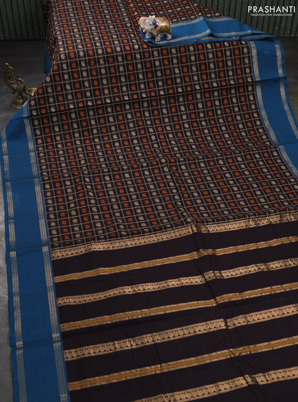 Kanchi cotton saree coffee brown and cs blue with allover thread checks & buttas and rettapet zari woven border