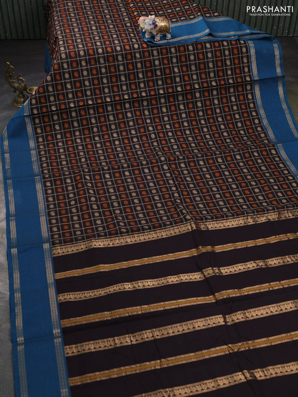 Kanchi cotton saree coffee brown and cs blue with allover thread checks & buttas and rettapet zari woven border