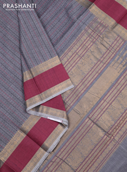 Kanchi cotton saree grey and wine shade with allover thread checks & buttas and rettapet zari woven border