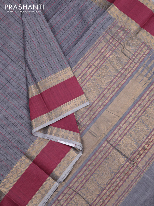 Kanchi cotton saree grey and wine shade with allover thread checks & buttas and rettapet zari woven border