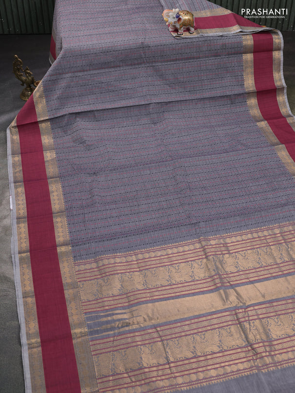 Kanchi cotton saree grey and wine shade with allover thread checks & buttas and rettapet zari woven border