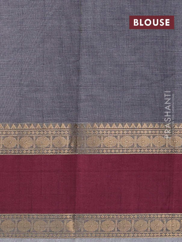 Kanchi cotton saree grey and wine shade with allover thread checks & buttas and rettapet zari woven border