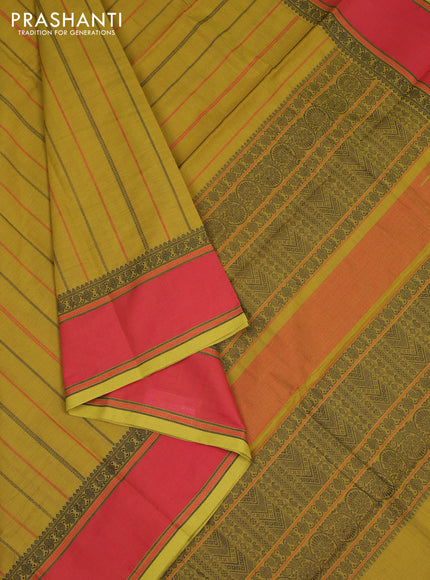 Kanchi cotton saree lime yellow and dual shade of pink with allover thread stripe pattern and rettapet thread woven border