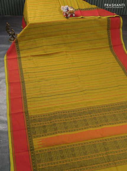Kanchi cotton saree lime yellow and dual shade of pink with allover thread stripe pattern and rettapet thread woven border