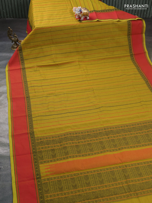 Kanchi cotton saree lime yellow and dual shade of pink with allover thread stripe pattern and rettapet thread woven border