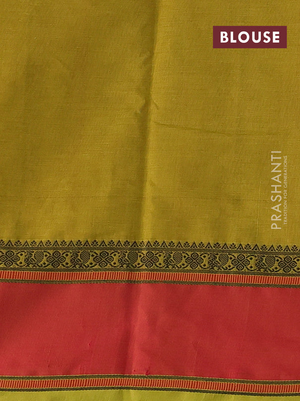 Kanchi cotton saree lime yellow and dual shade of pink with allover thread stripe pattern and rettapet thread woven border