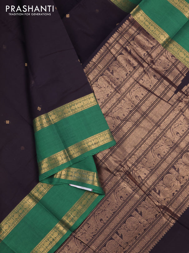 Kanchi cotton saree black and green with zari woven buttas and rettapet zari woven border