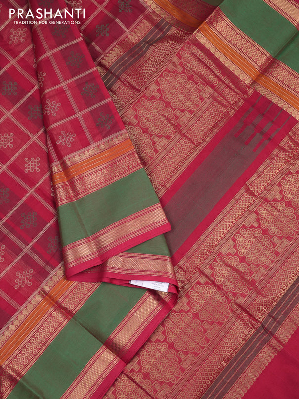 Kanchi cotton saree red and green with allover thread checks & buttas and rettapet zari woven border
