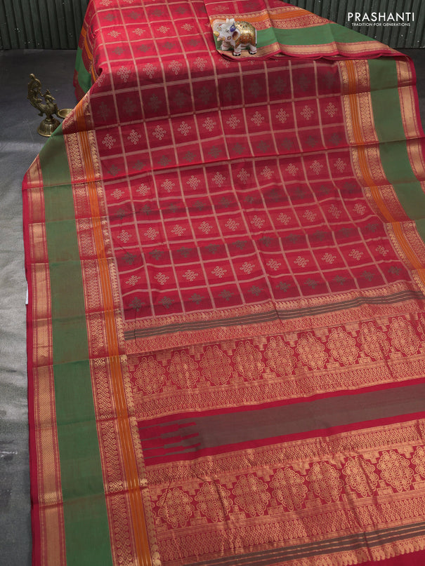 Kanchi cotton saree red and green with allover thread checks & buttas and rettapet zari woven border