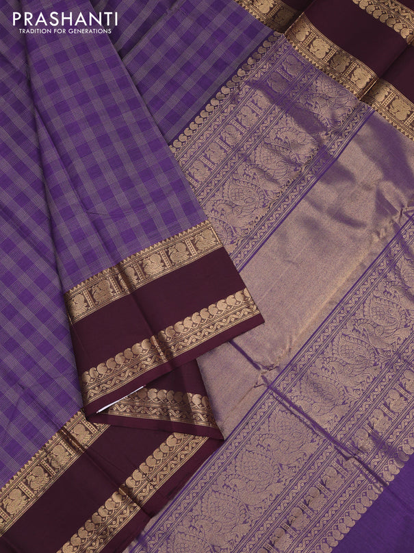 Kanchi cotton saree violet and wine shade with allover thread woven checked pattern and long rettapet zari woven border