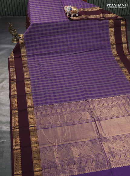 Kanchi cotton saree violet and wine shade with allover thread woven checked pattern and long rettapet zari woven border