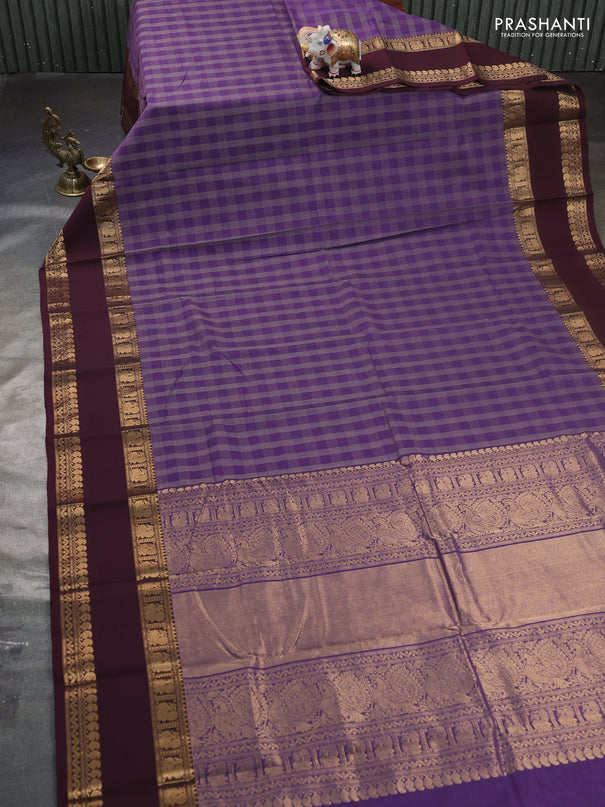 Kanchi cotton saree violet and wine shade with allover thread woven checked pattern and long rettapet zari woven border