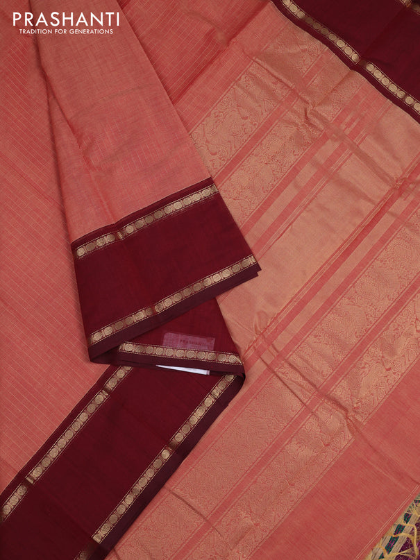 Kanchi cotton saree dual shade of maroon and maroon with allover zari stripe pattern and rettapet zari woven border