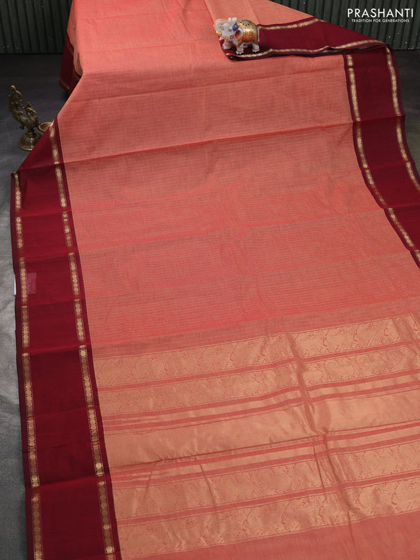 Kanchi cotton saree dual shade of maroon and maroon with allover zari stripe pattern and rettapet zari woven border