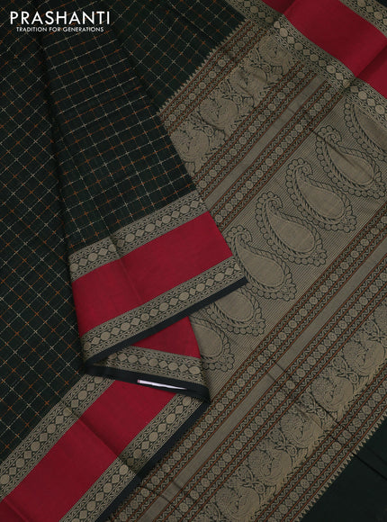 Kanchi cotton saree bottle green and maroon with allover thread checked pattern and rettapet thread woven border