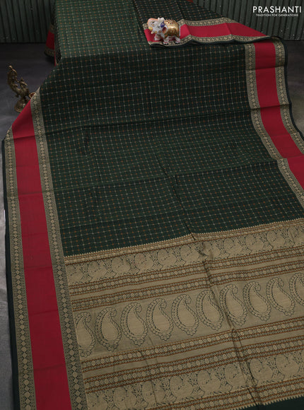 Kanchi cotton saree bottle green and maroon with allover thread checked pattern and rettapet thread woven border
