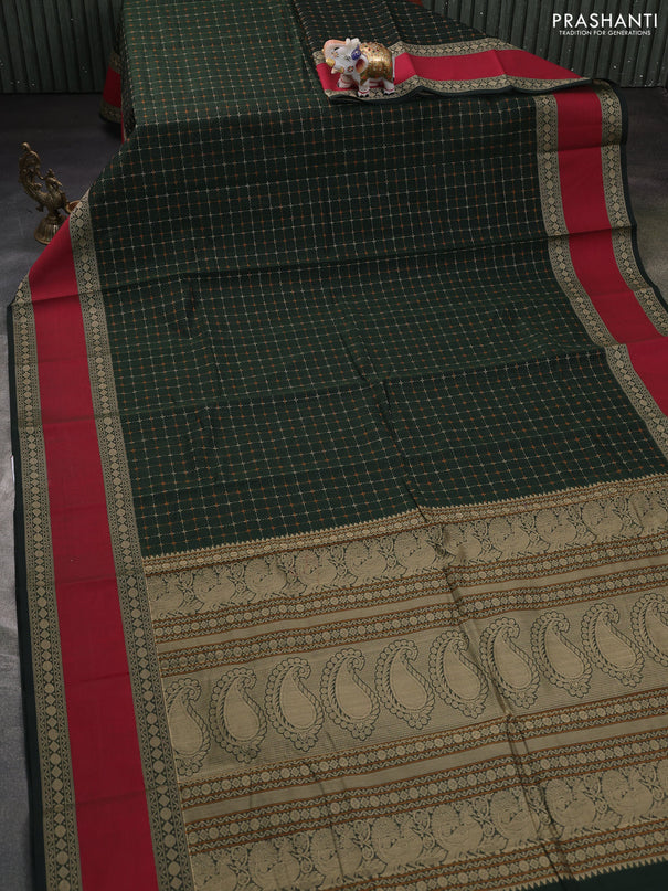 Kanchi cotton saree bottle green and maroon with allover thread checked pattern and rettapet thread woven border