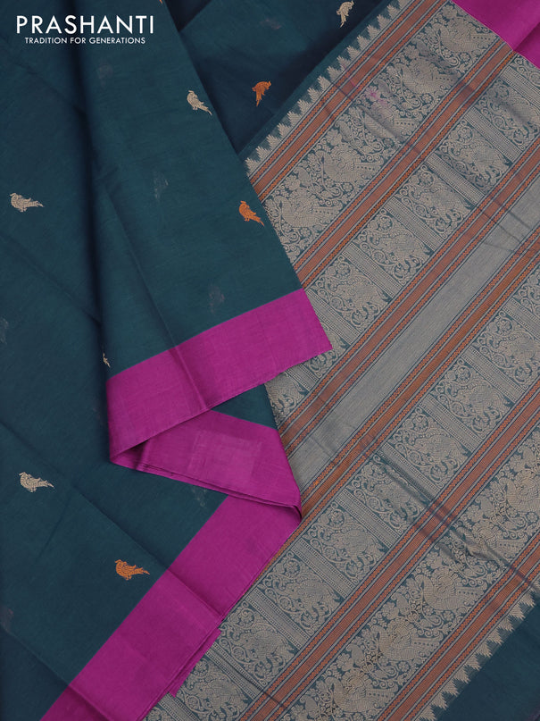 Kanchi cotton saree peacock blue and purple with thread woven buttas and simple border