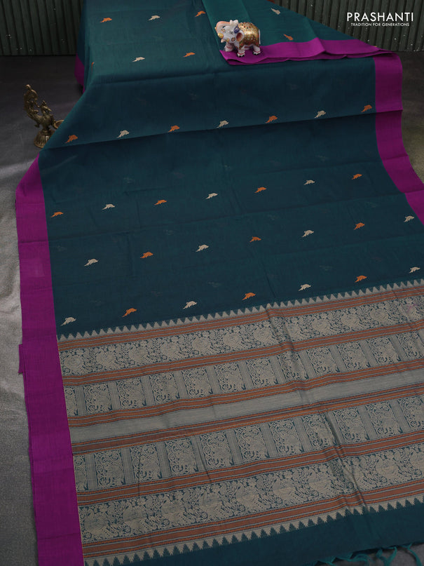 Kanchi cotton saree peacock blue and purple with thread woven buttas and simple border