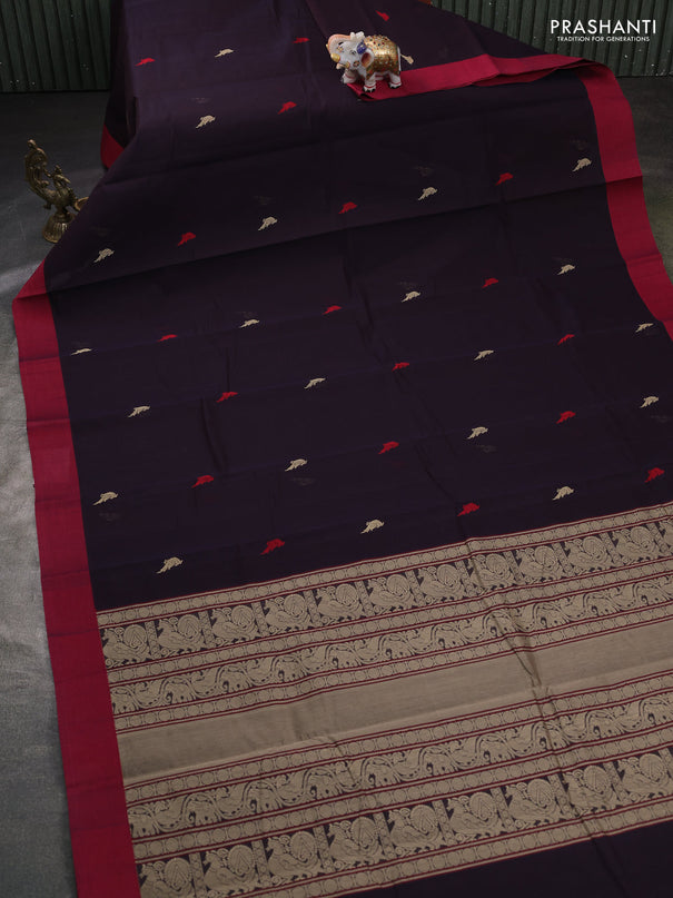 Kanchi cotton saree deep jamun and maroon with thread woven buttas and simple border