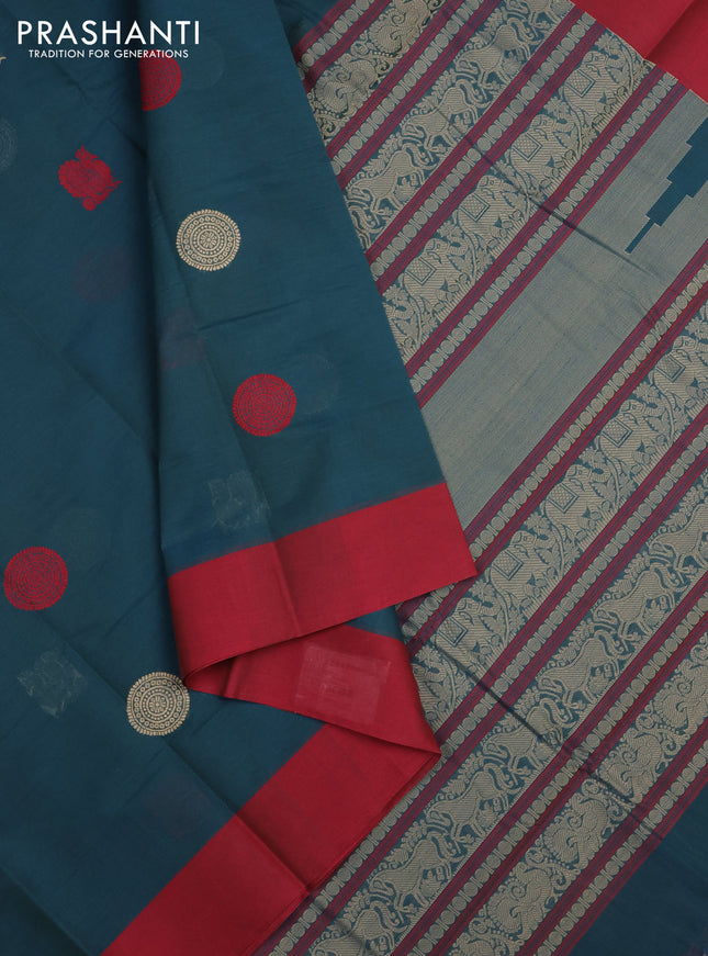 Kanchi cotton saree peacock green and maroon with ruddraksha thread woven buttas and simple border