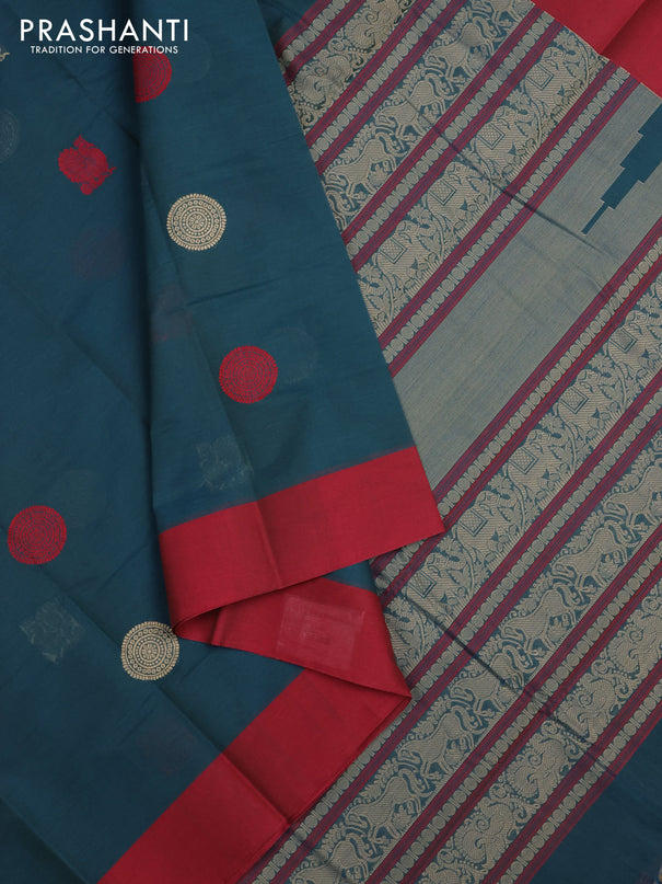 Kanchi cotton saree peacock green and maroon with ruddraksha thread woven buttas and simple border