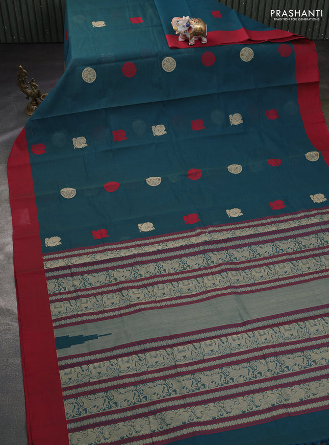 Kanchi cotton saree peacock green and maroon with ruddraksha thread woven buttas and simple border