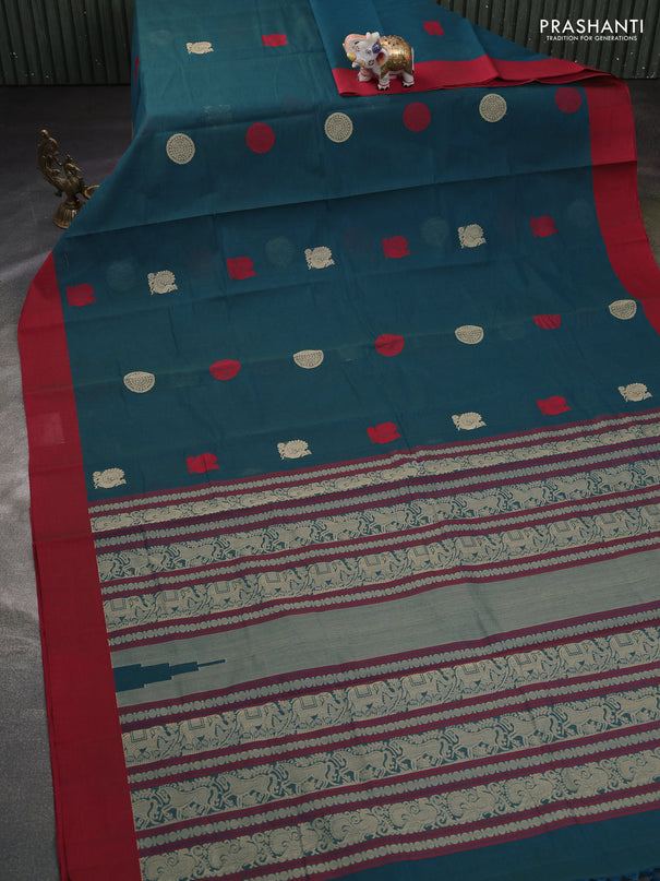 Kanchi cotton saree peacock green and maroon with ruddraksha thread woven buttas and simple border