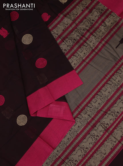 Kanchi cotton saree coffee brown and pink with ruddraksha thread woven buttas and simple border