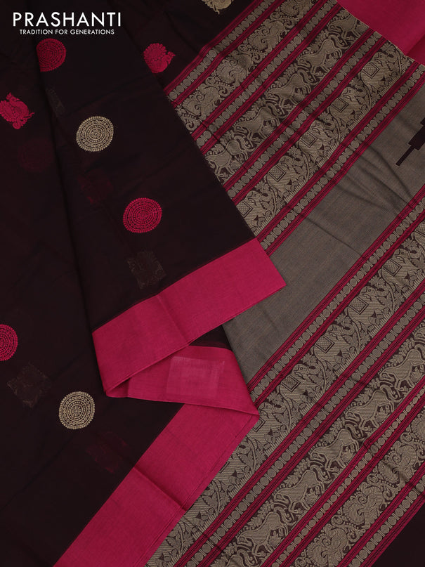 Kanchi cotton saree coffee brown and pink with ruddraksha thread woven buttas and simple border