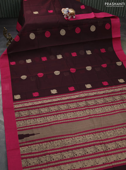 Kanchi cotton saree coffee brown and pink with ruddraksha thread woven buttas and simple border
