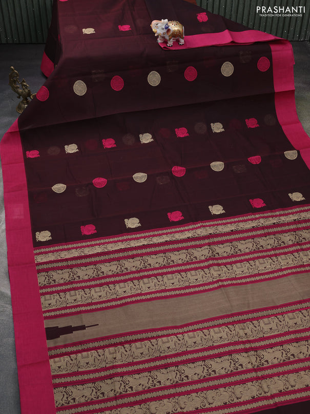 Kanchi cotton saree coffee brown and pink with ruddraksha thread woven buttas and simple border