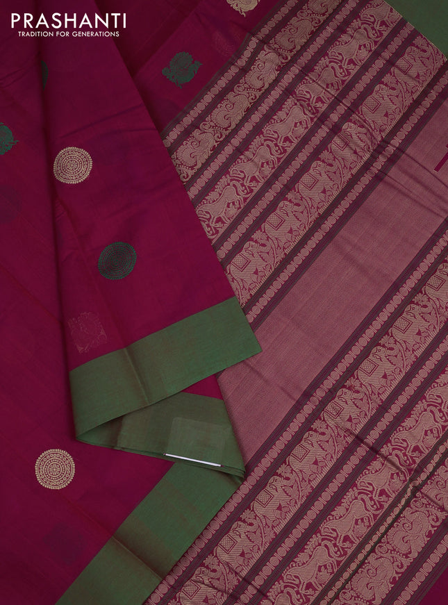 Kanchi cotton saree magenta pink and green with ruddraksha thread woven buttas and simple border