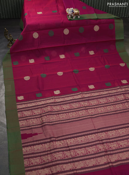 Kanchi cotton saree magenta pink and green with ruddraksha thread woven buttas and simple border