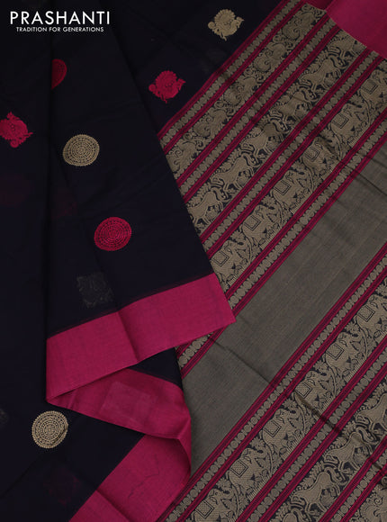 Kanchi cotton saree black and pink with ruddraksha thread woven buttas and simple border