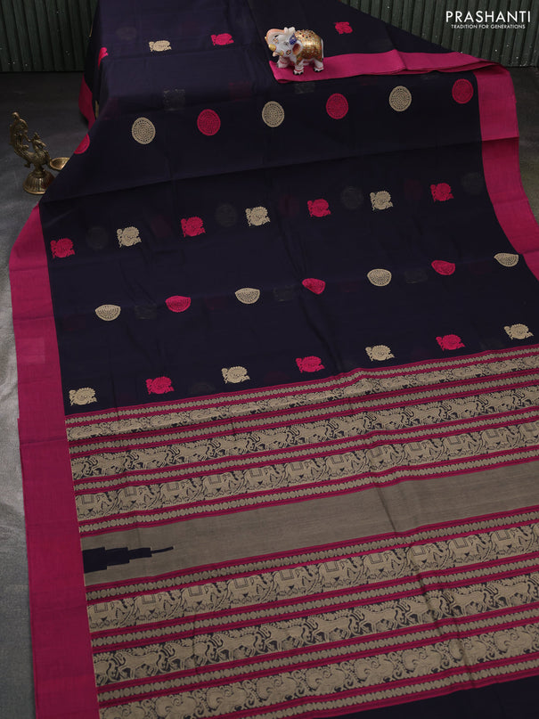 Kanchi cotton saree black and pink with ruddraksha thread woven buttas and simple border