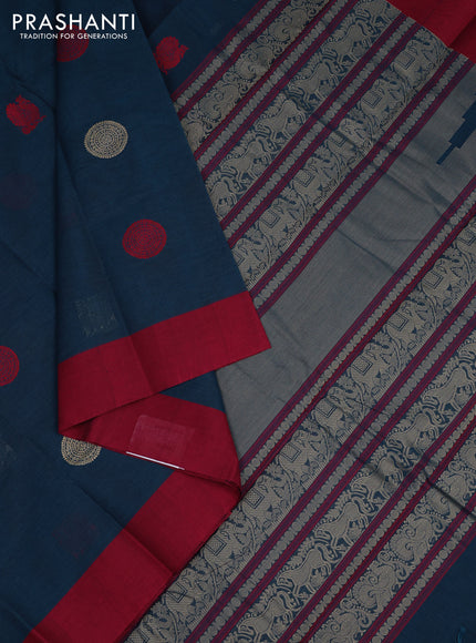Kanchi cotton saree peacock blue and maroon with ruddraksha thread woven buttas and simple border